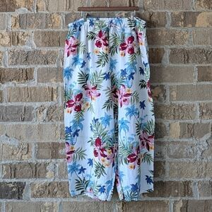 Hot Cotton Woman Linen Crop Wide Leg Pants White Allover Floral Size 3X